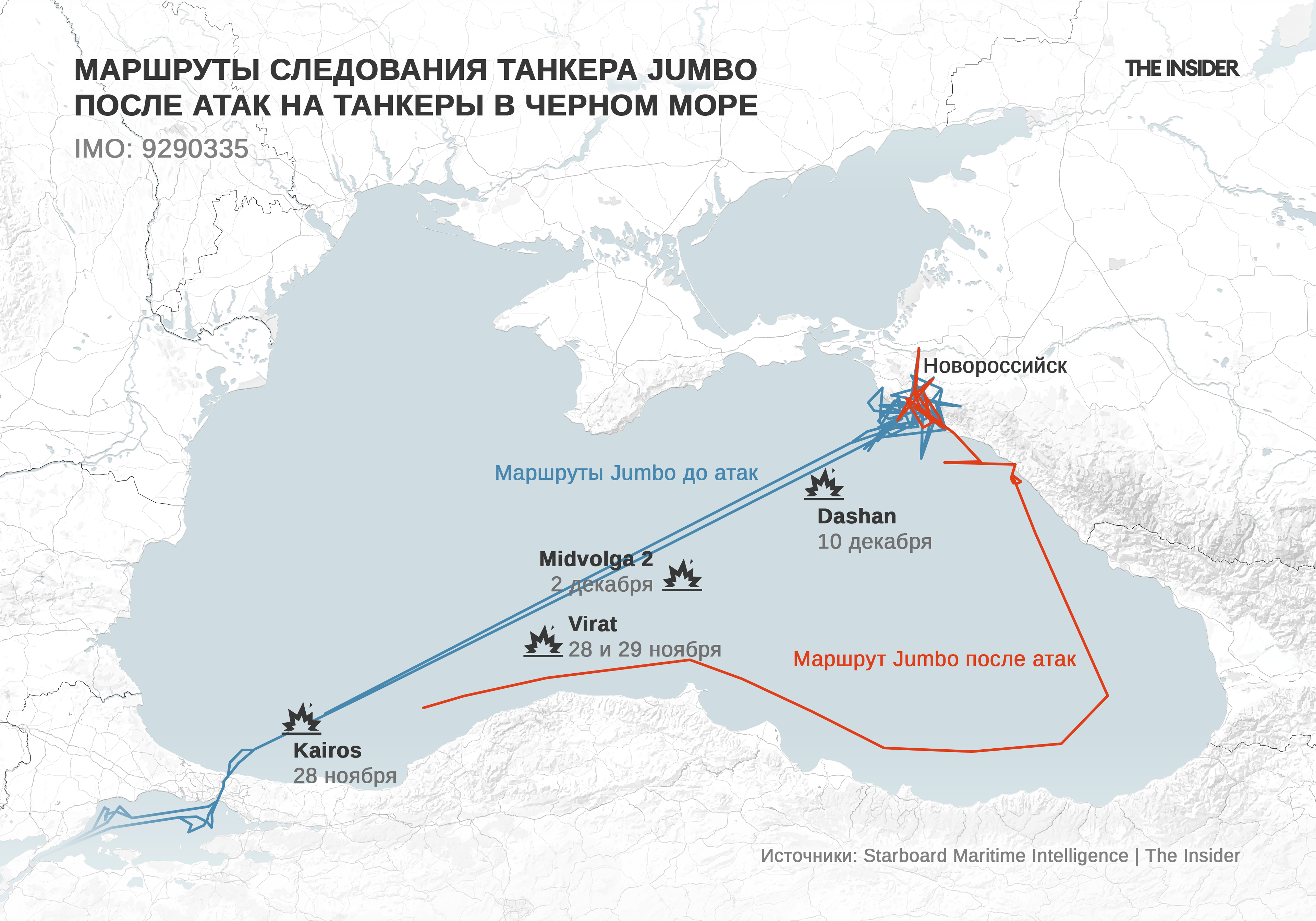 Маршруты следования танкера Jumbo до и после атак на танкеры в Чёрном море. С инфографики частично убраны следы спуфинга — подмены сигналов GPS